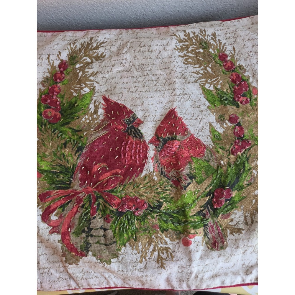 Christmas Birds Pillow Cover Beige Red Cardina Beaded Linen Blend 19x19